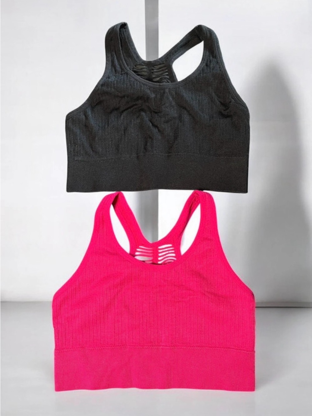 Ribbed Racerback Sports Bras - Black & Hot Pink
